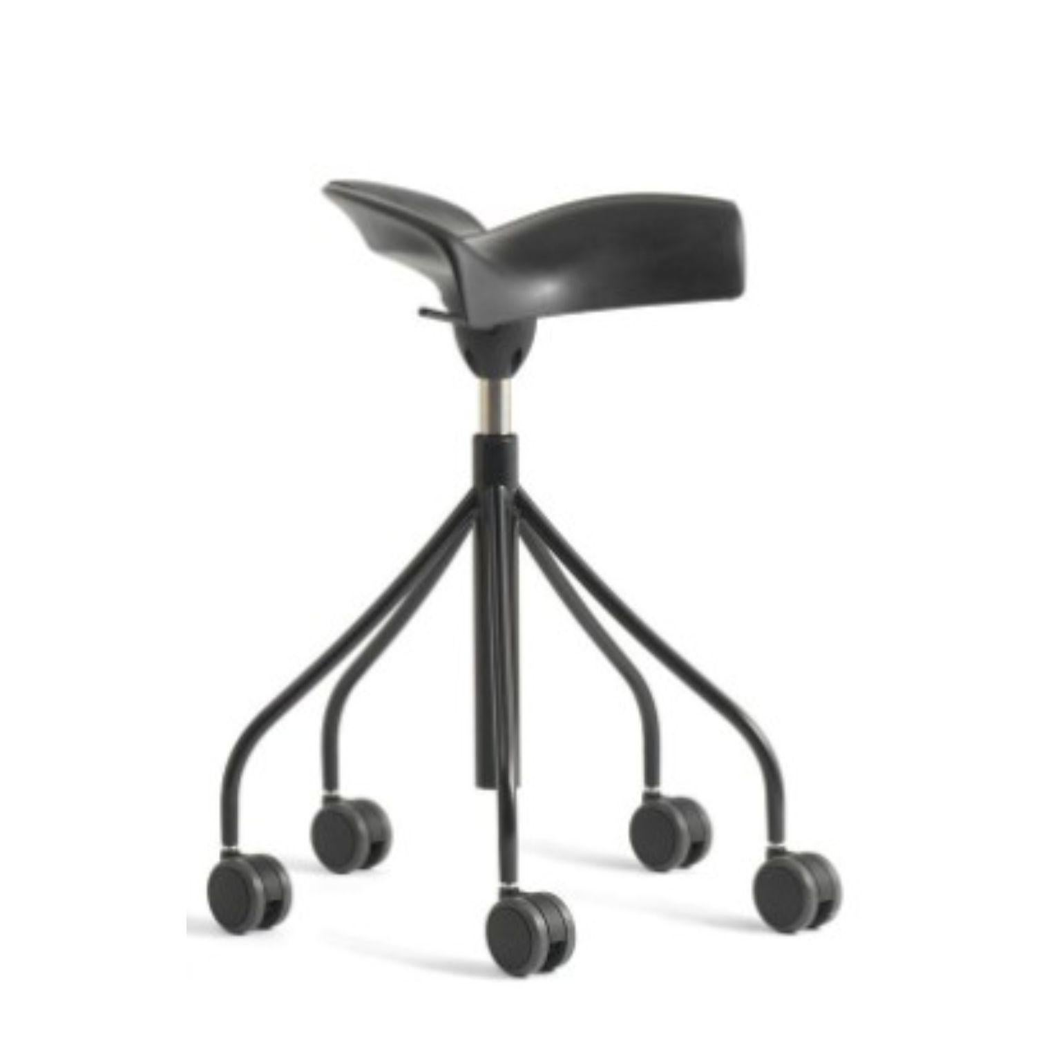 Binaria black stool by Otto Canalda & Jordi Badia
Dimensions: Diameter 65 x Height 82 cm 
Materials: Steel structure and lever painted in a polyester powder coating and satin finish. Available in White RAL 1013, Red RAL 3002, or Black RAL 9005.