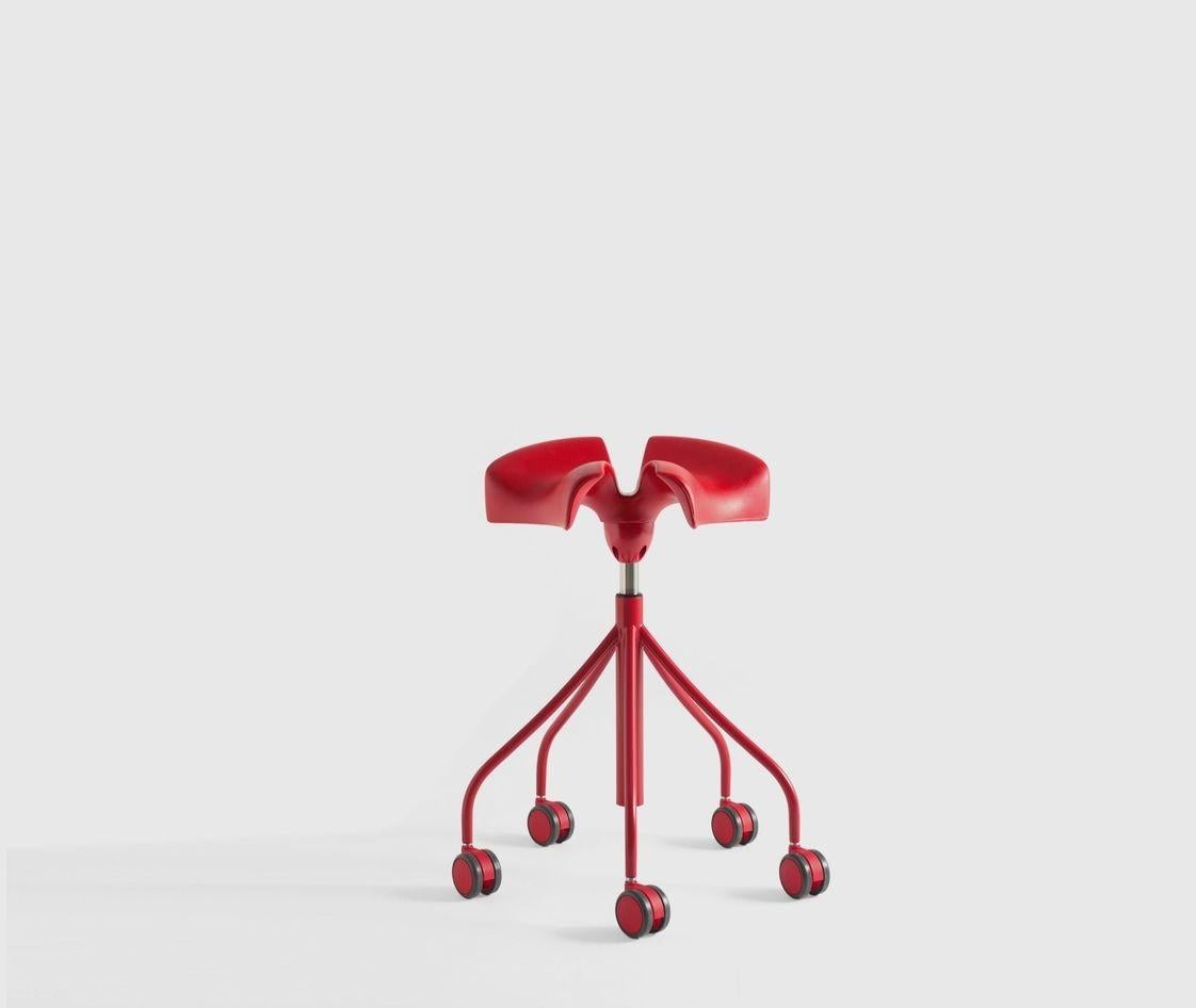Binaria red stool by Otto Canalda & Jordi Badia
Dimensions: Diameter 65 x Height 82 cm 
Materials: Steel structure and lever painted in a polyester powder coating and satin finish. Available in White RAL 1013, Red RAL 3002, or Black RAL 9005.