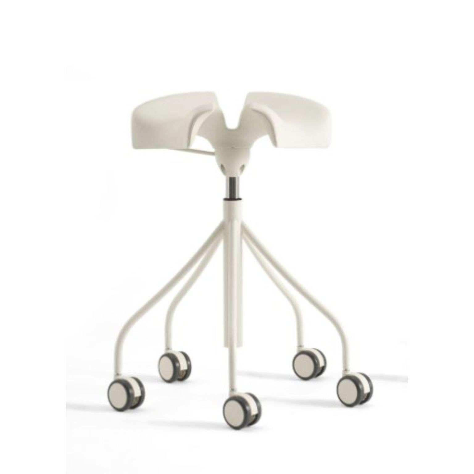 Binaria white stool by Otto Canalda & Jordi Badia
Dimensions: diameter 65 x height 82 cm 
Materials: steel structure and lever painted in a polyester powder coating and satin finish. Available in White RAL 1013, Red RAL 3002, or Black RAL 9005.