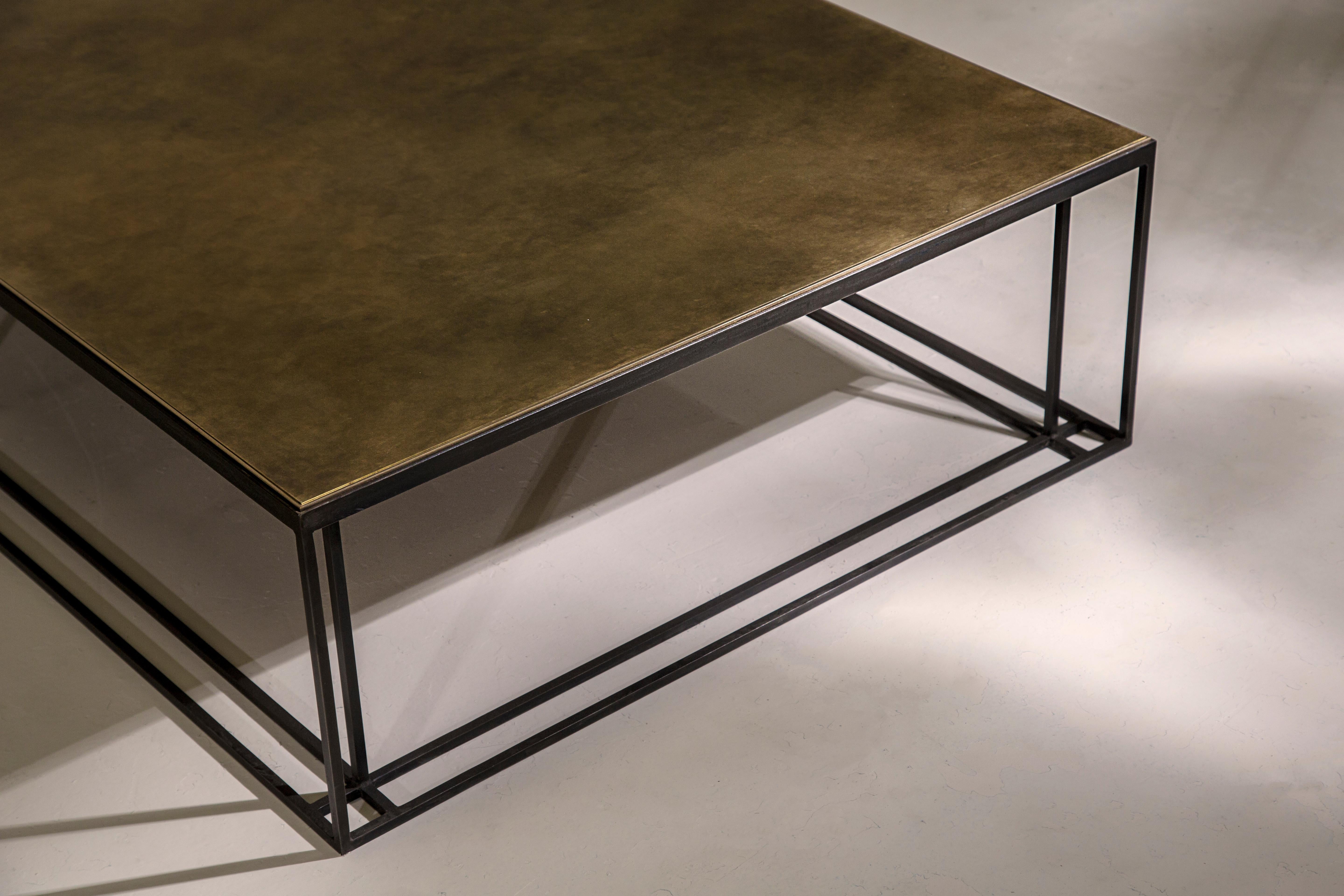 Hand-Crafted Binate Coffee Table — Extra Large — Blackened Steel Frame — Patinated Brass Top For Sale