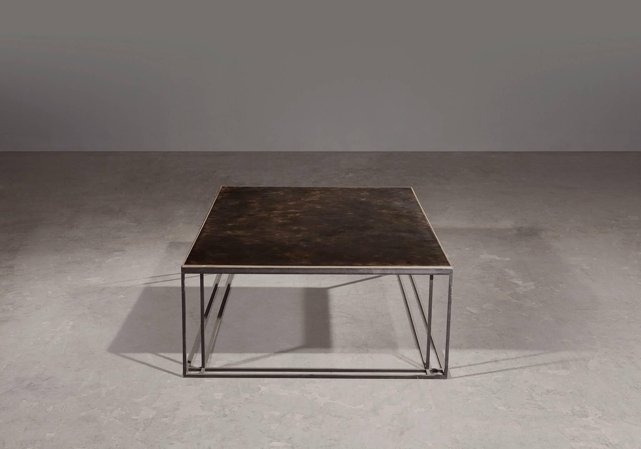 British Binate Coffee Table — Large — Blackened Steel Frame — Patinated Brass Top For Sale