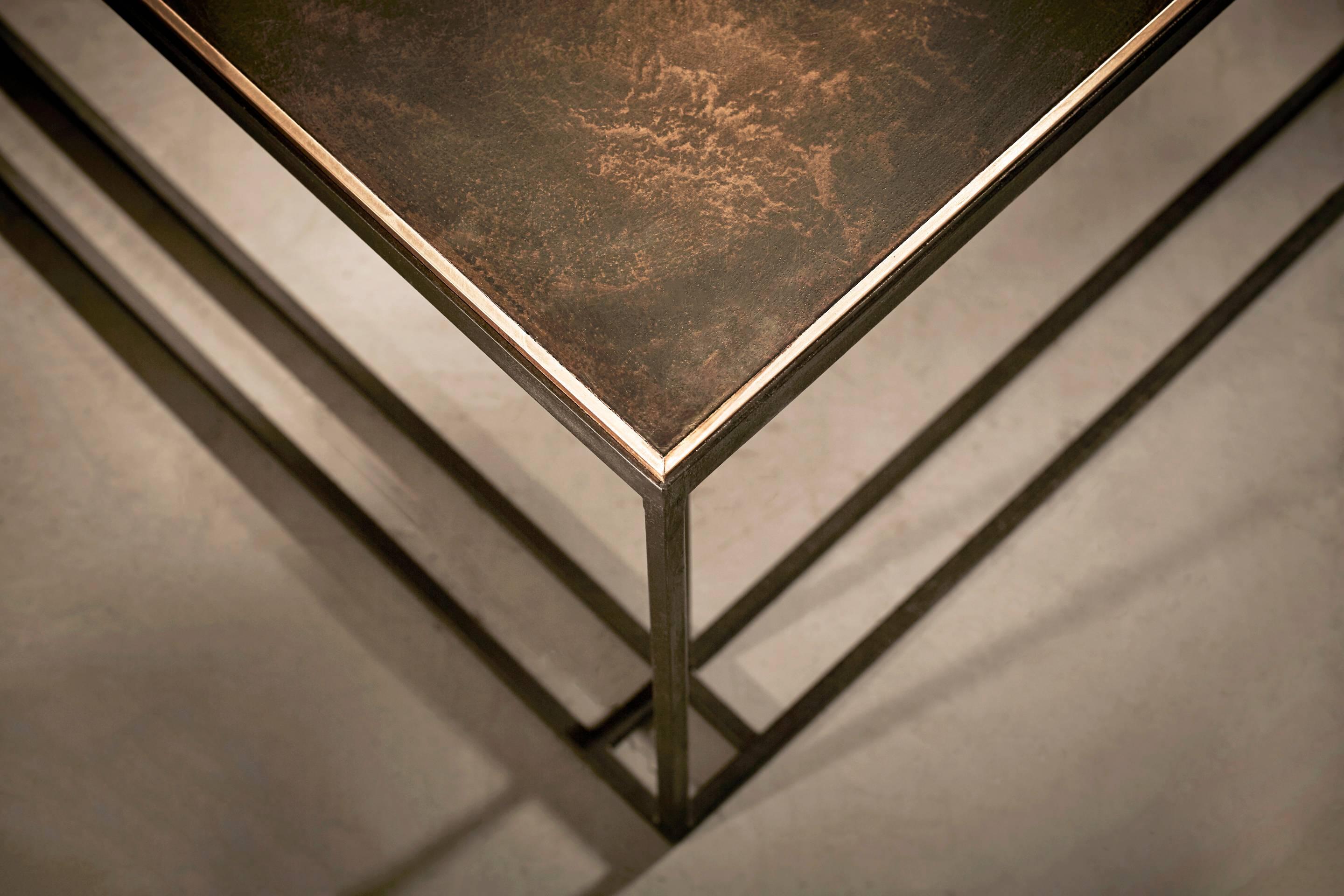 Brushed Binate Coffee Table — Large — Blackened Steel Frame — Patinated Brass Top For Sale
