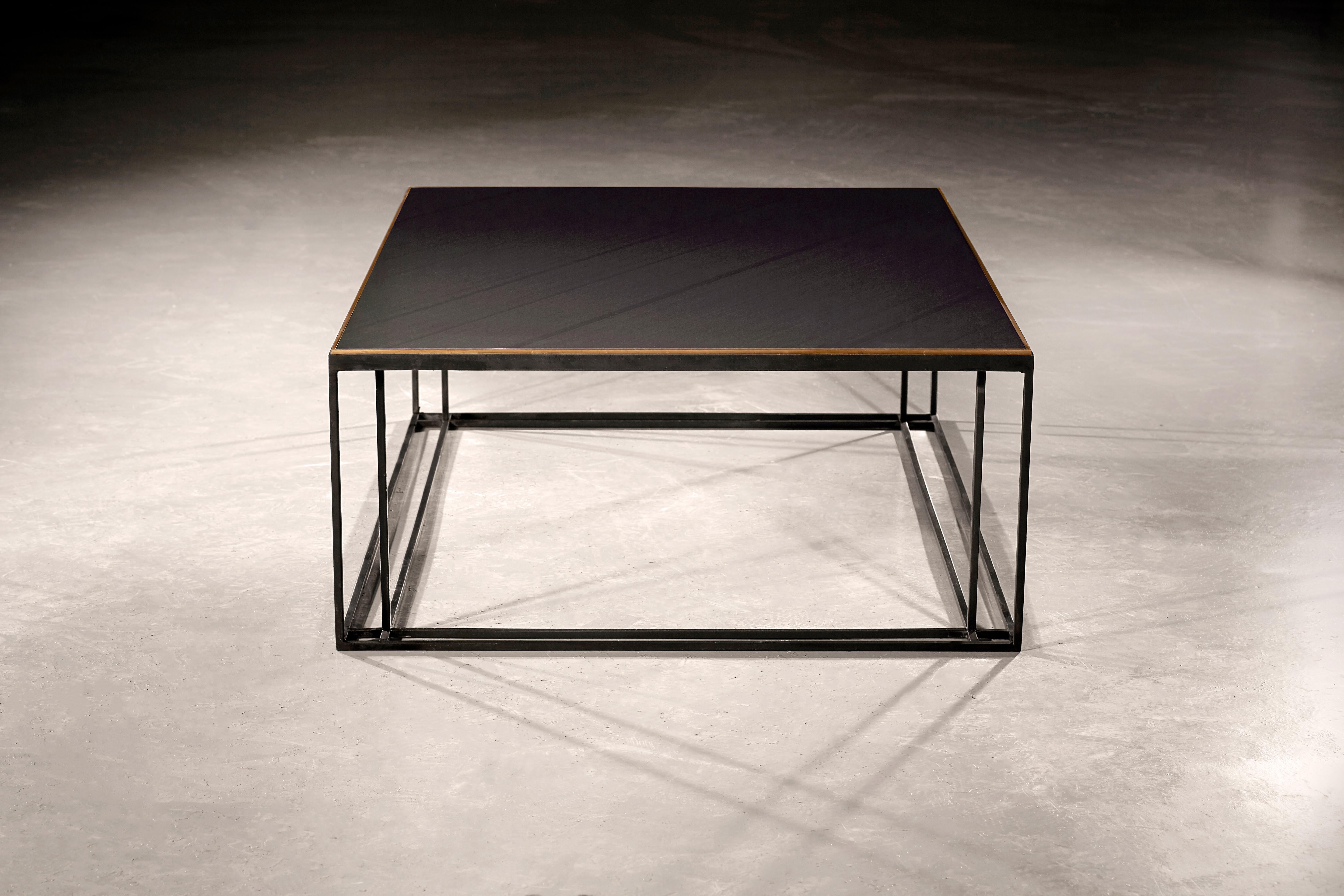 Brushed Binate Coffee Table — Medium — Blackened Steel Frame — Honed Cumbrian Slate Top For Sale