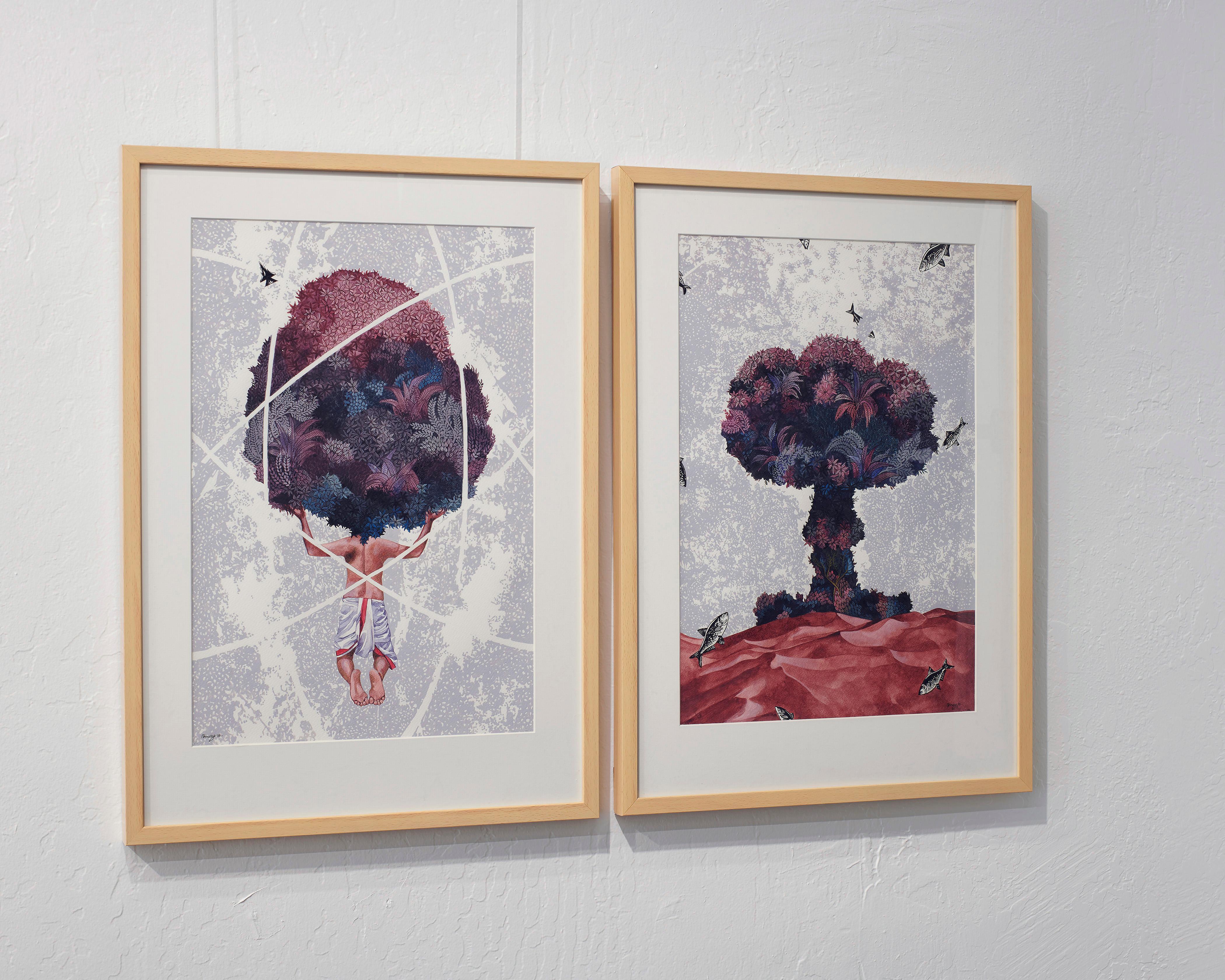 Voluntad Alarmante - Increíble Díptico Figurativo de Paisaje en Gris + Vino - Painting de Binay Sinha
