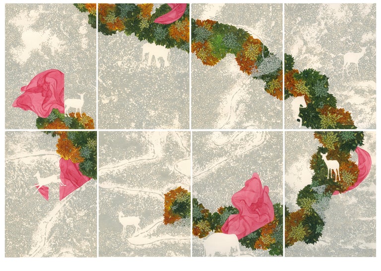 Binay Sinha Landscape Painting - Lost Soul - Set of 8 Contemporary Paintings in Pink + Green + Grey