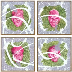 Remains of My Backyard Garden - Set of 4 Contemporary Mixed Media (Pink+Green)