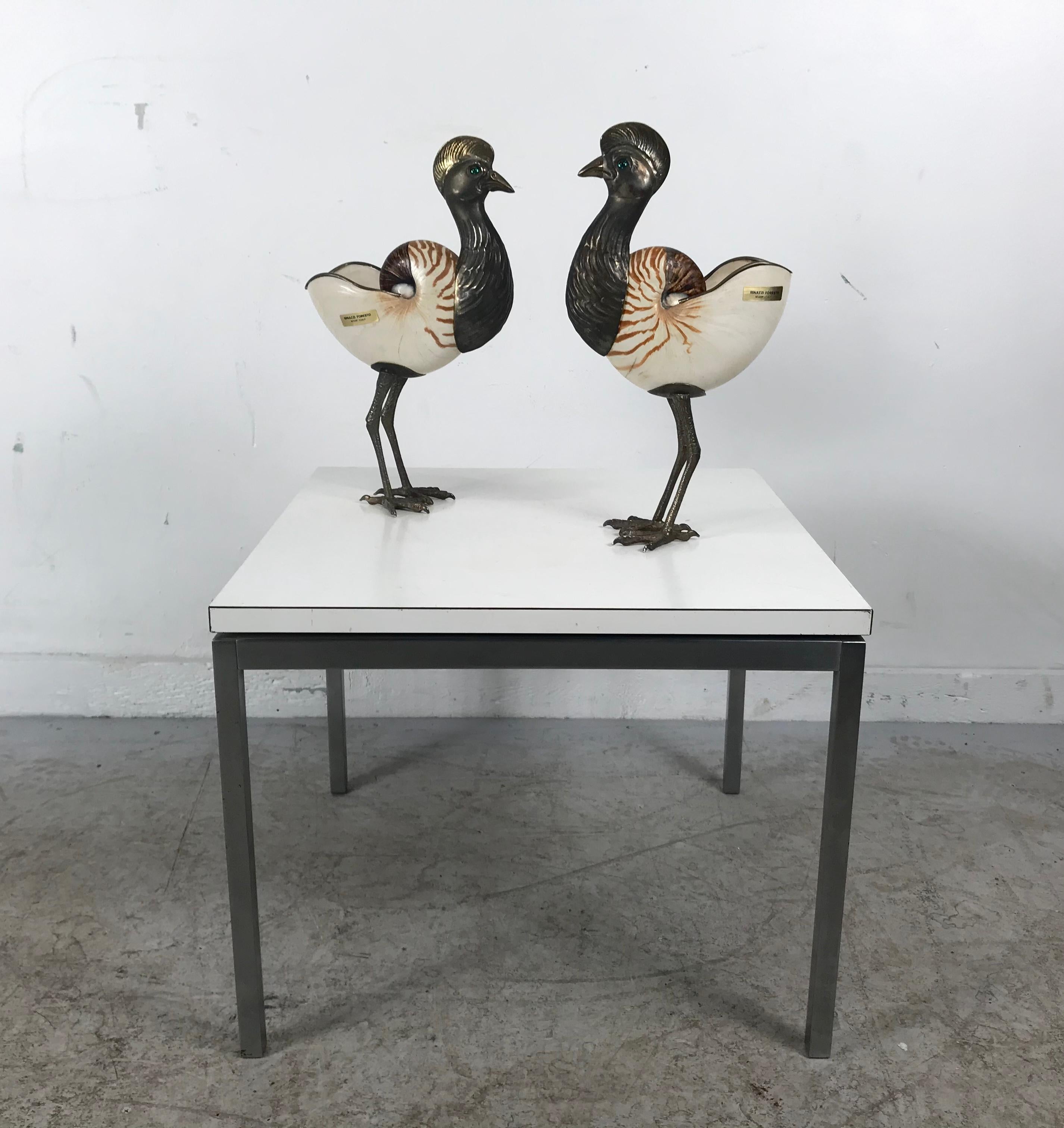 Binazzi Foresto brass and conch shell decorative birds, sculptures, Italy, applied silver. Retain original labels. Great detailing.
