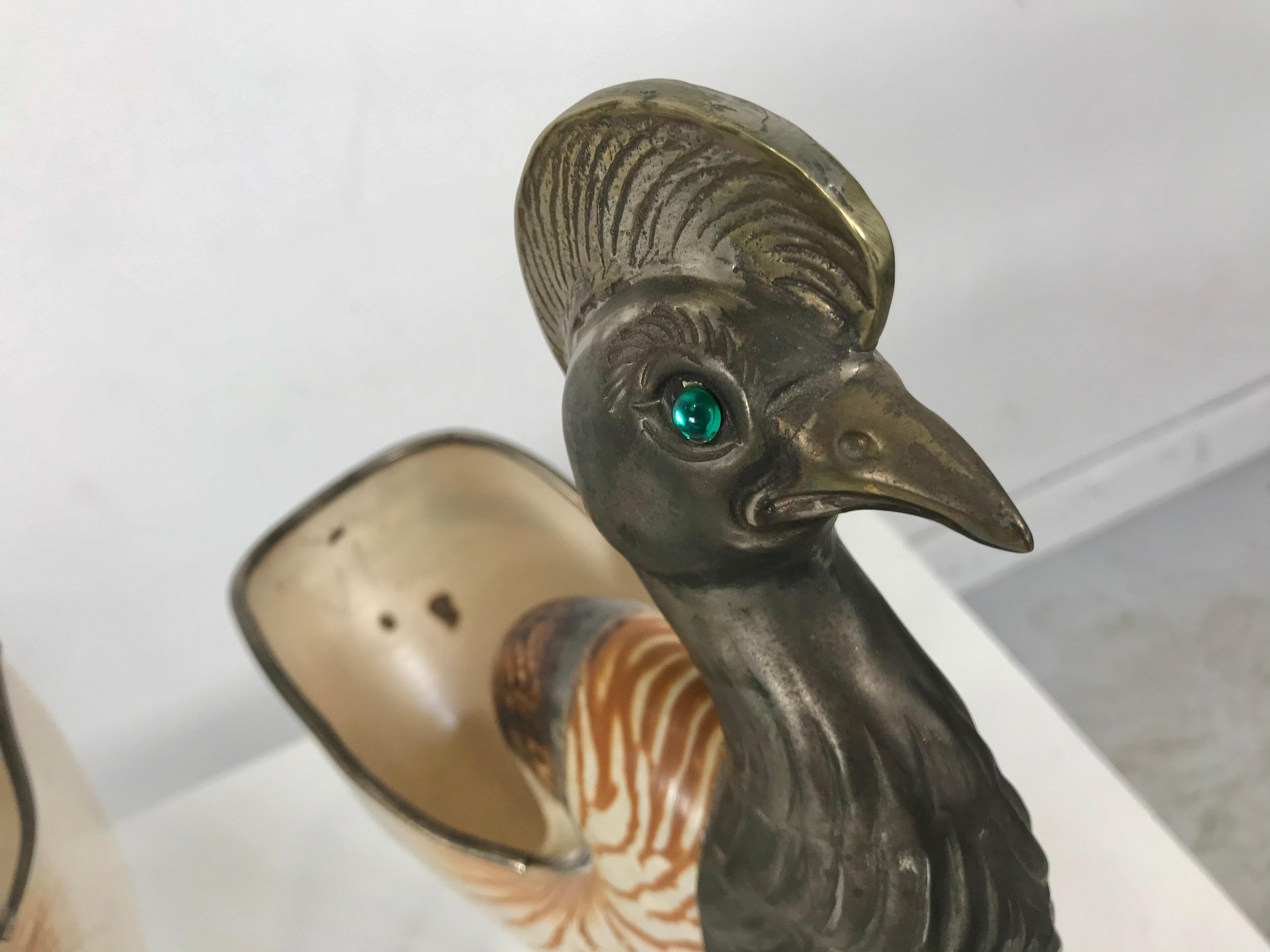 Binazzi Foresto Brass and Conch Shell Decorative Birds, Sculptures, Italy In Excellent Condition In Buffalo, NY