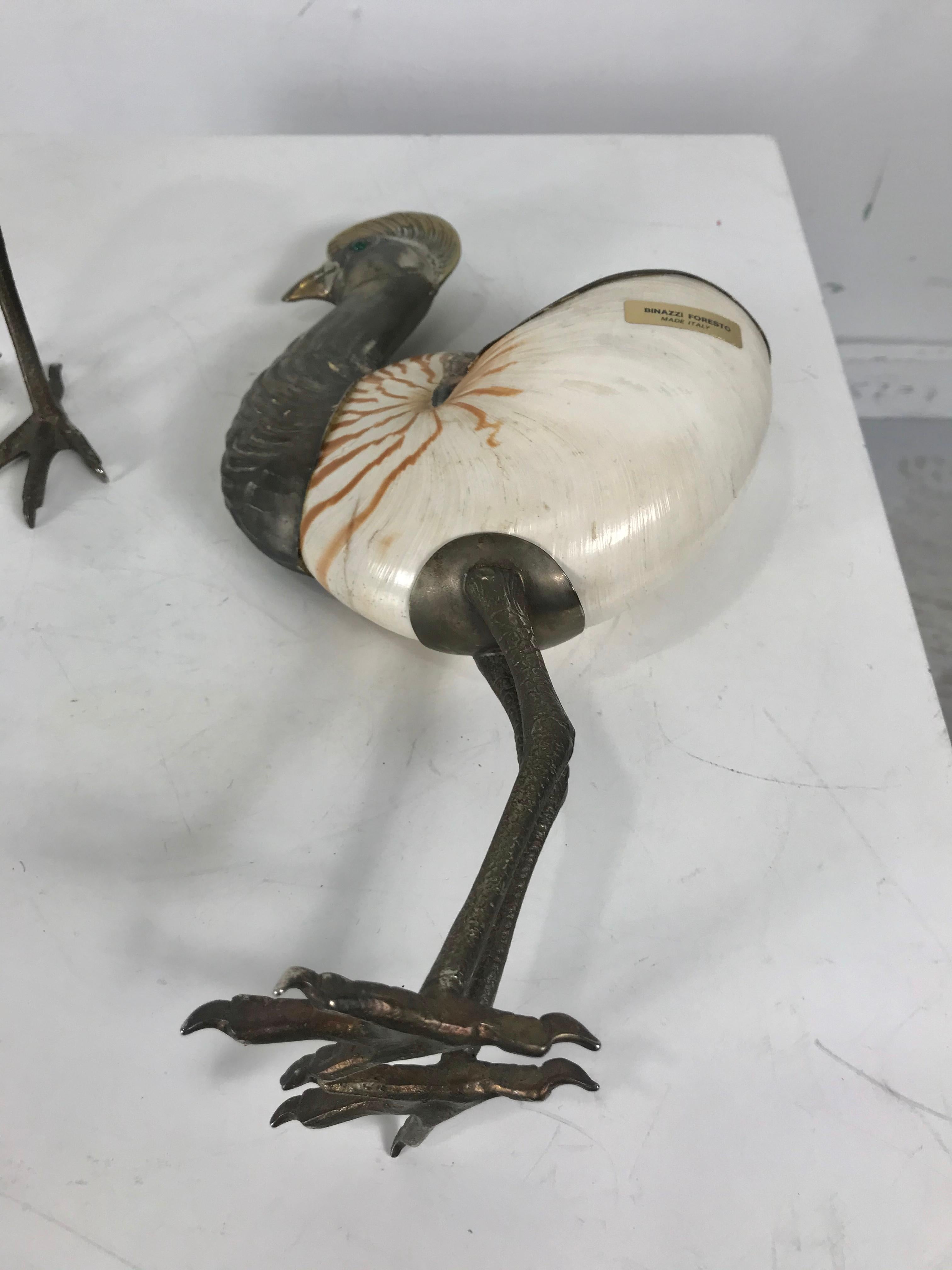 Late 20th Century Binazzi Foresto Brass and Conch Shell Decorative Birds, Sculptures, Italy