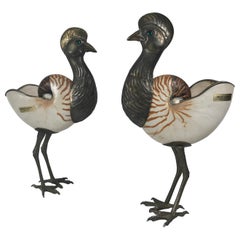 Binazzi Foresto Brass and Conch Shell Decorative Birds, Sculptures, Italy