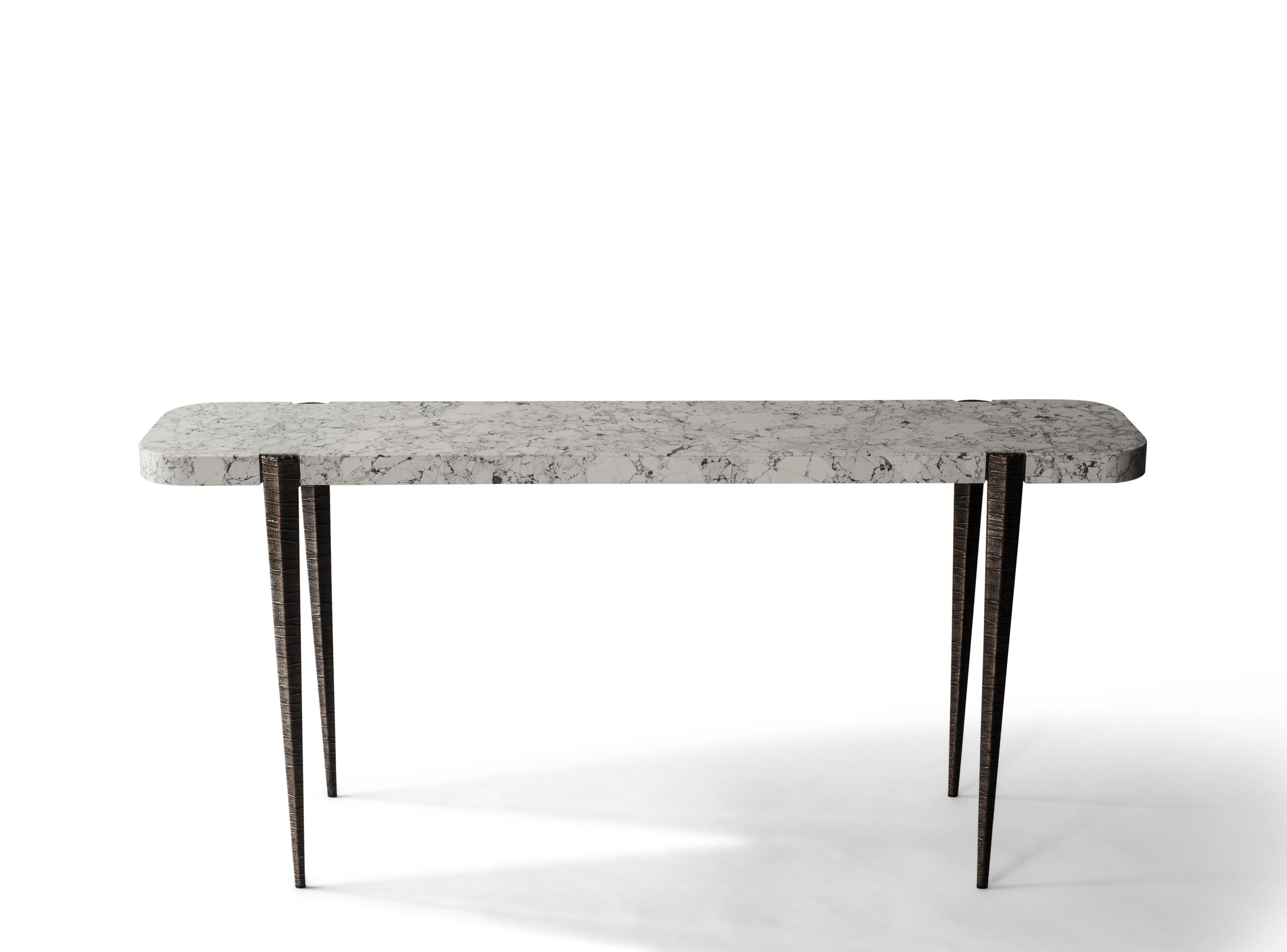 Bind console by DeMuro Das 
Dimensions: W 165 x D 37.6 x H 76 cm
Materials: Howlite - Polished (Random) Tabletop
 Solid Bronze (Antique) legs

DeMuro Das is an international design firm and the aesthetic and cultural coalescence of its