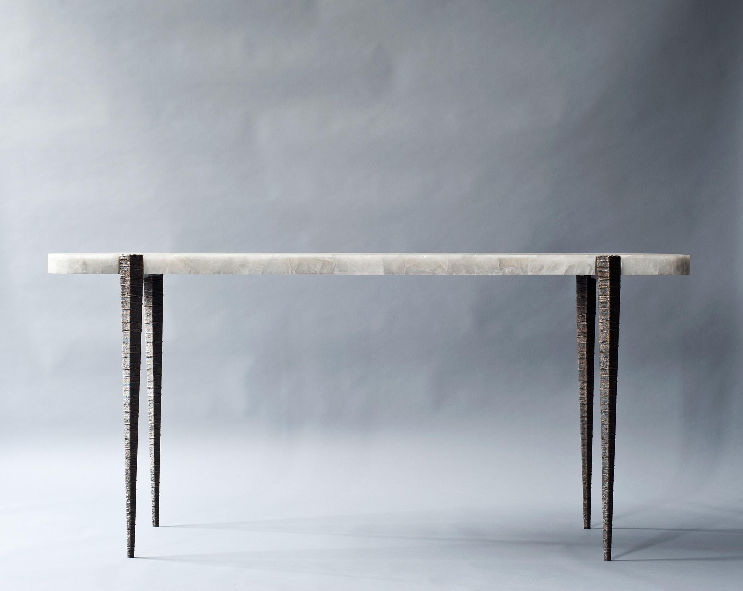 Indian Bind Console by DeMuro Das in Leathered Quartz with Cast Antique Bronze Legs For Sale