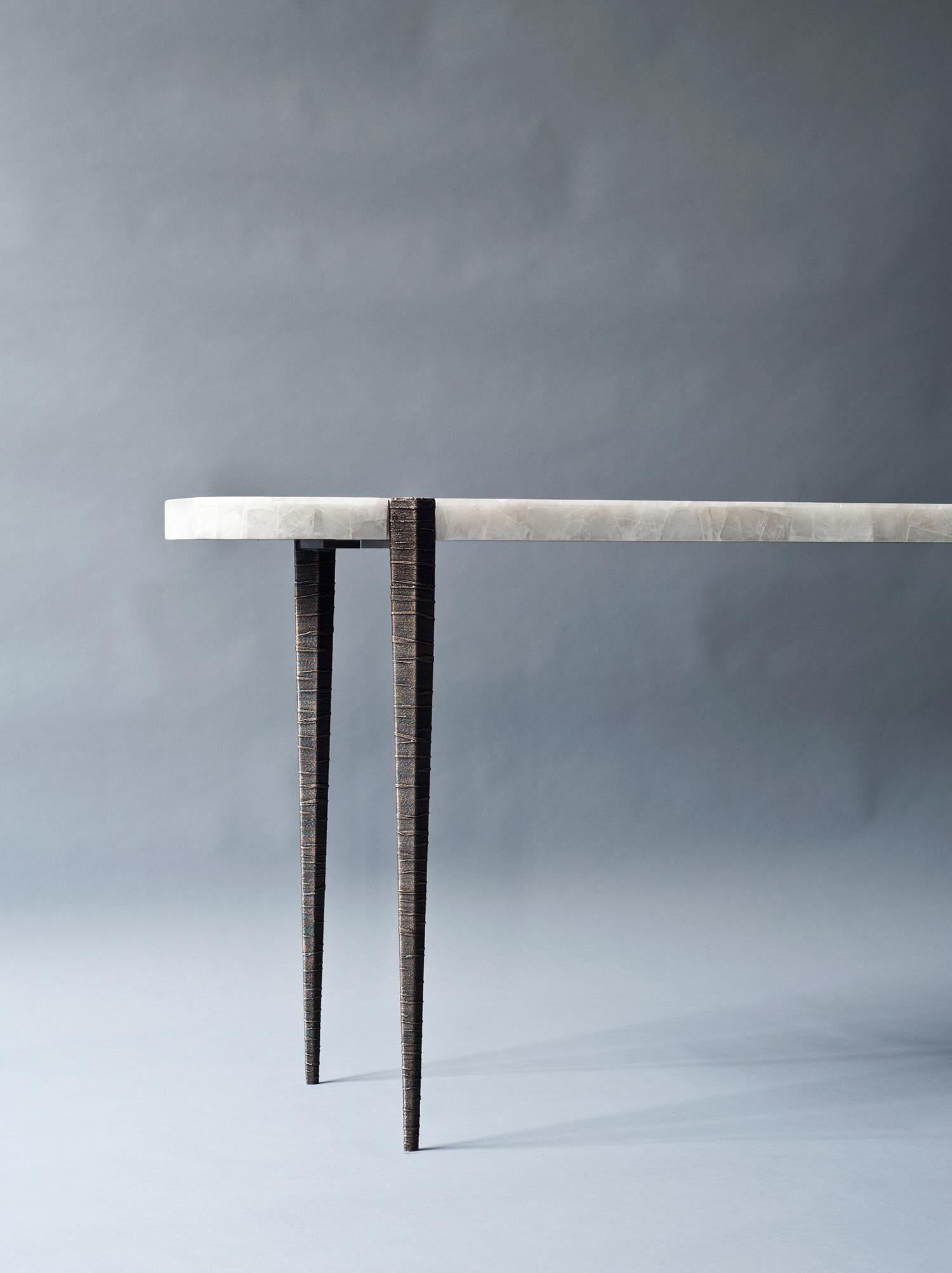 Indian Bind Console by DeMuro Das in Leathered Quartz with Cast Antique Bronze Legs For Sale