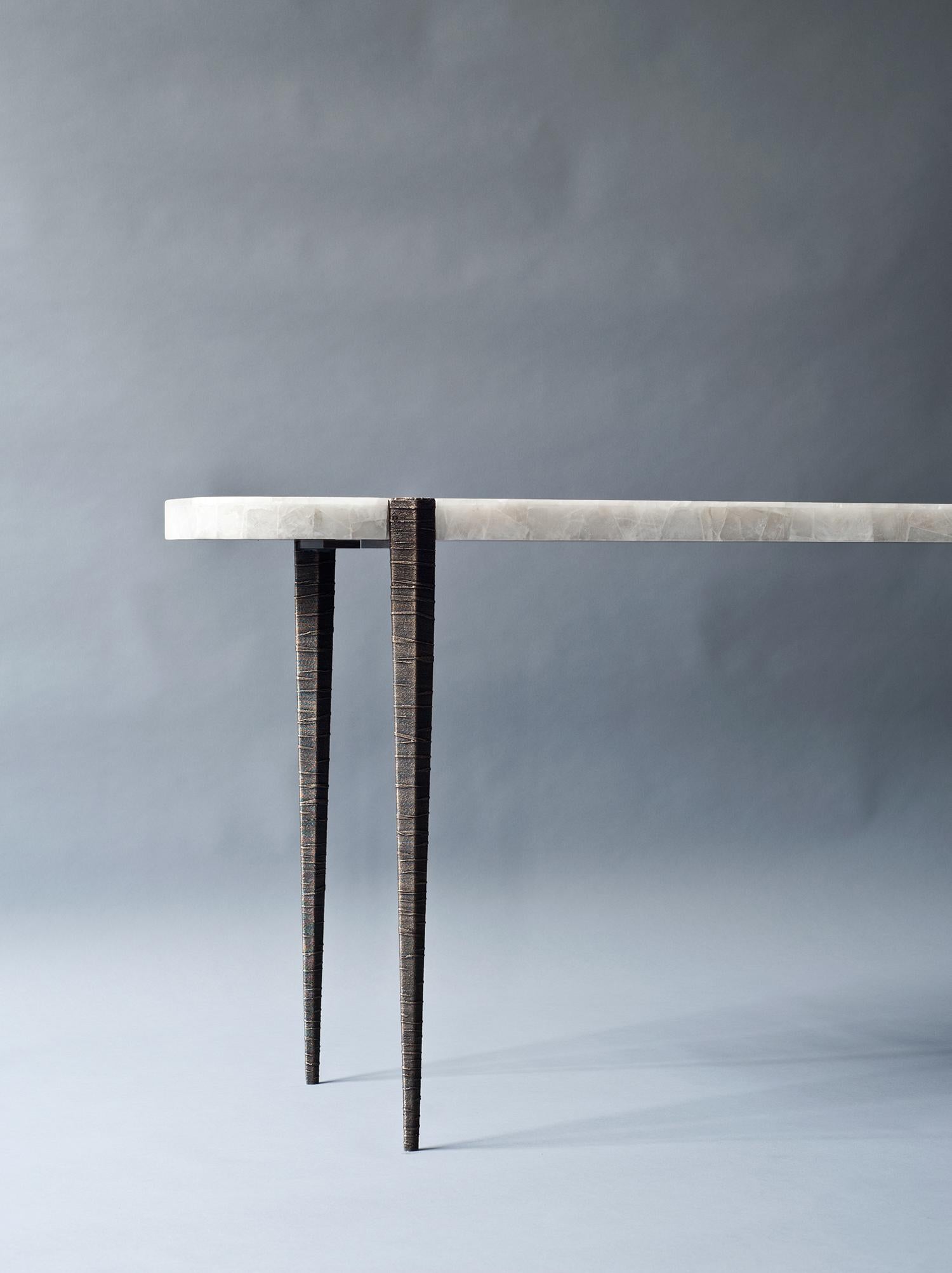 Mid-Century Modern Bind Console by DeMuro Das in Leathered Quartz with Cast Antique Bronze Legs For Sale