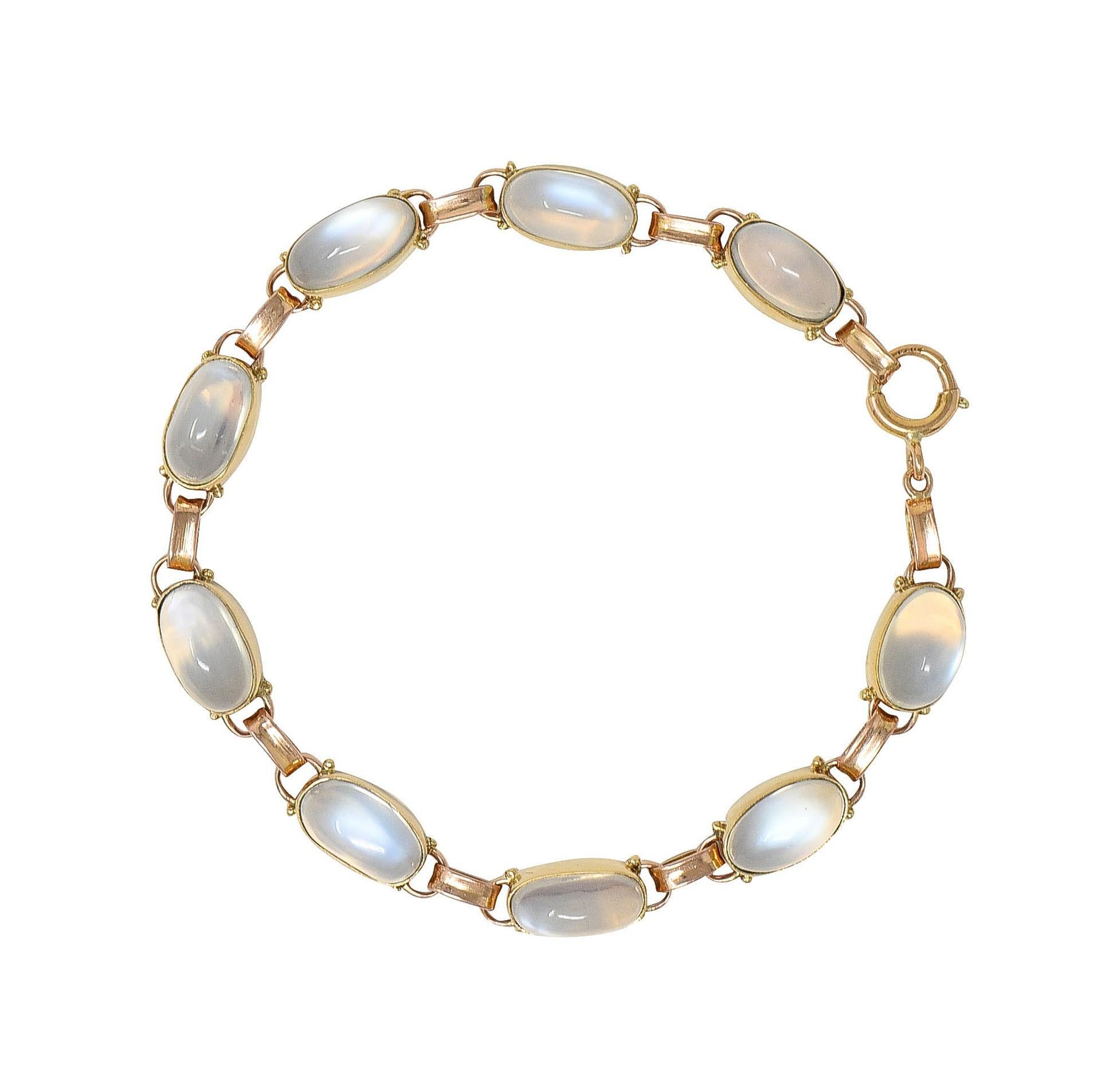 Cabochon Binder Bros. Retro Moonstone 14 Karat Two-Tone Gold Vintage Link Bracelet