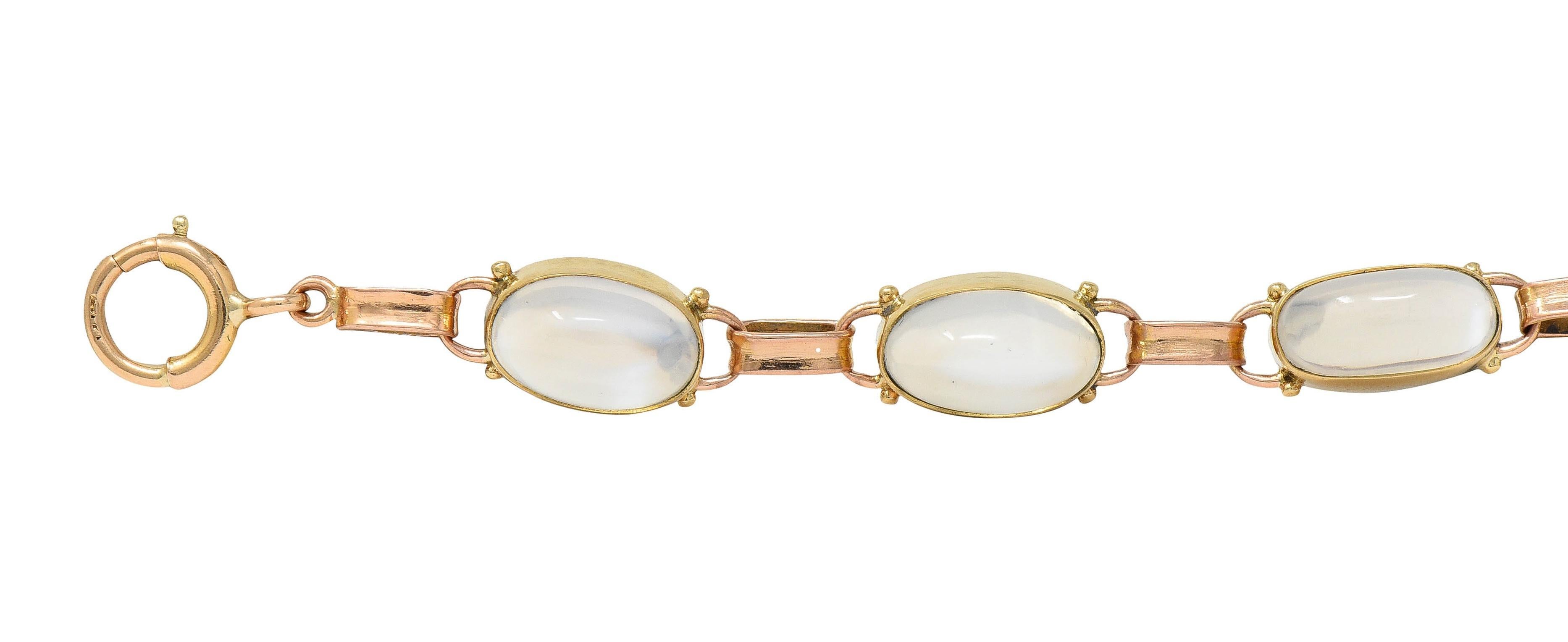 Binder Bros. Retro Moonstone 14 Karat Two-Tone Gold Vintage Link Bracelet In Excellent Condition In Philadelphia, PA