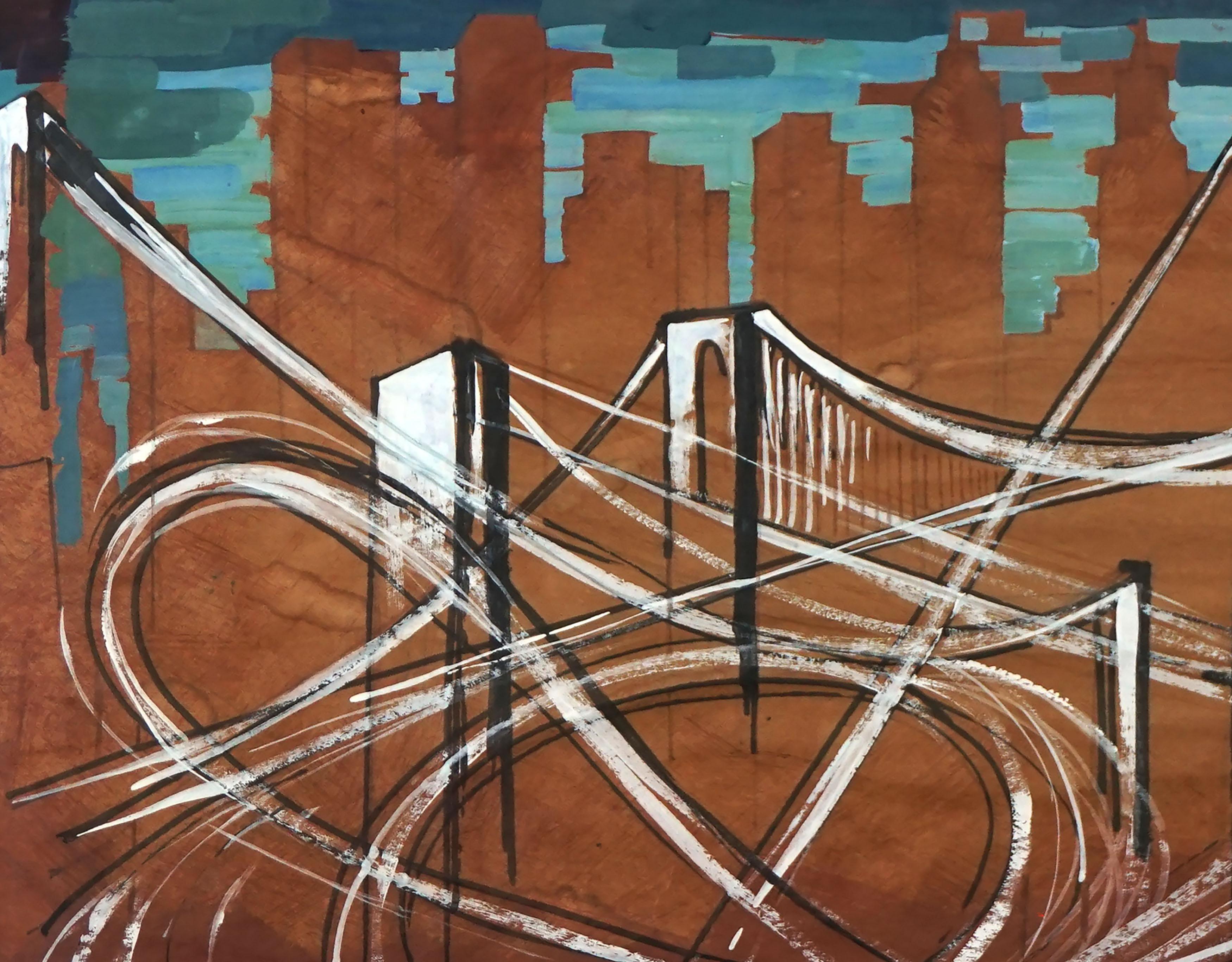 Paysage abstrait du pont George Washington des années 1980 - Expressionnisme abstrait Painting par Bing