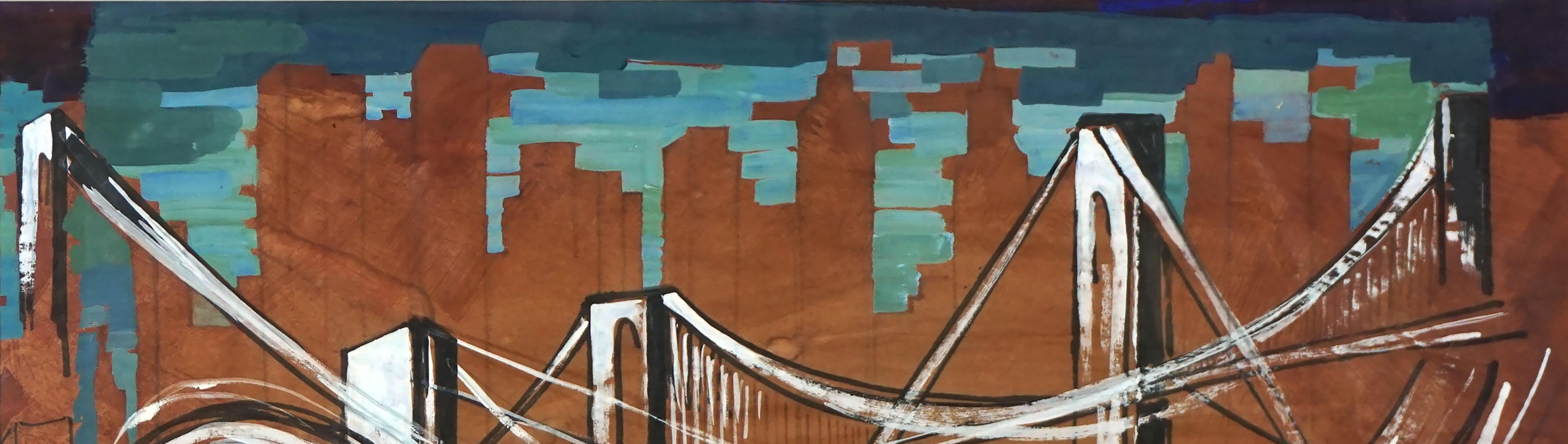 Paysage abstrait du pont George Washington des années 1980 - Marron Landscape Painting par Bing