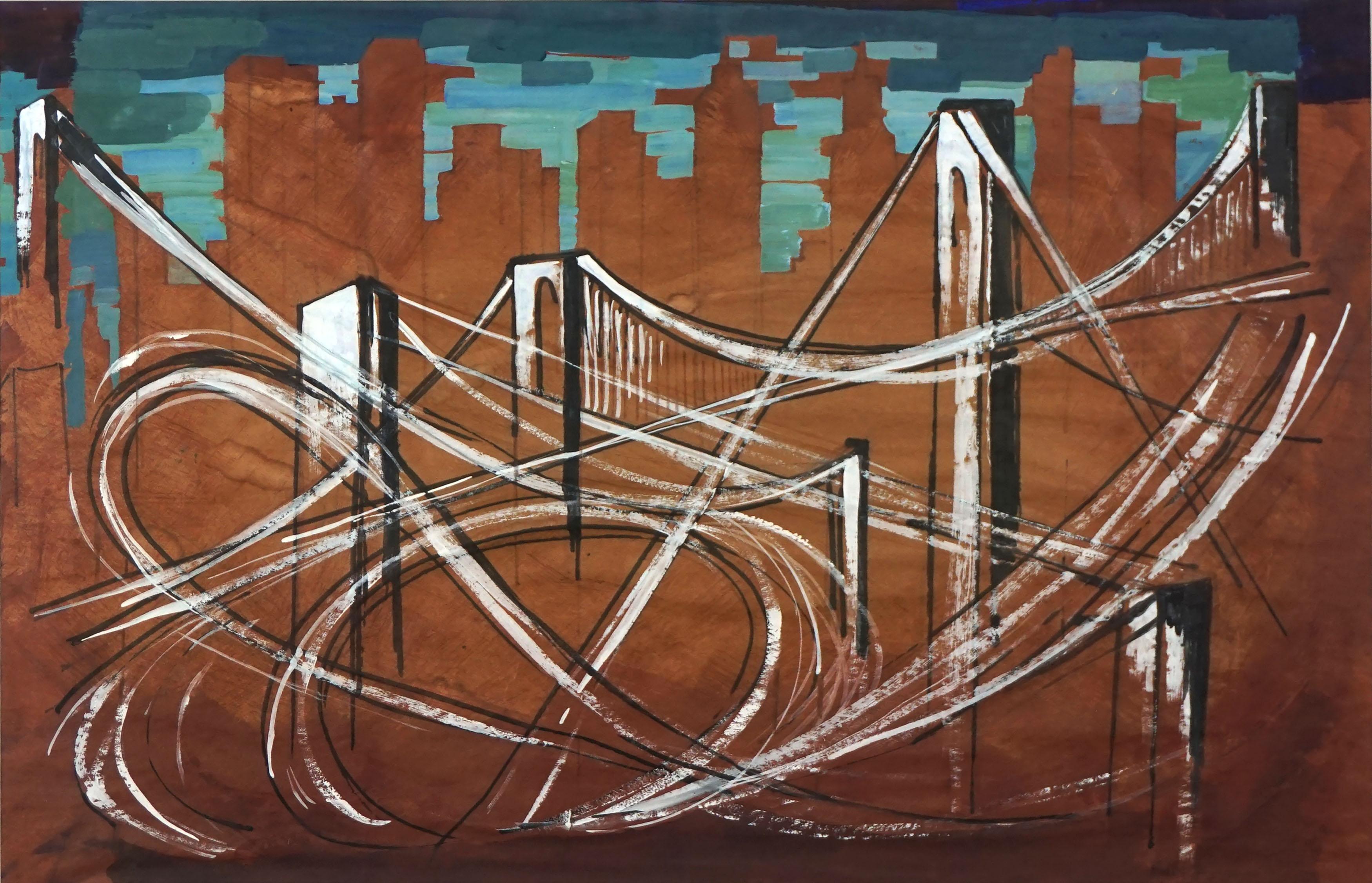 Landscape Painting Bing - Paysage abstrait du pont George Washington des années 1980