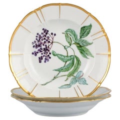 Bing and Grøndahl, Three Deep Porcelain Plates in Flora Danica Style