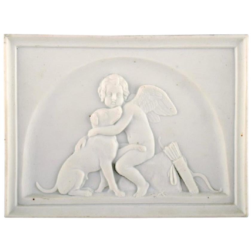 Bing and Grondahl after Thorvaldsen, Antique Biscuit Wall Plaque, Cupid and Dog