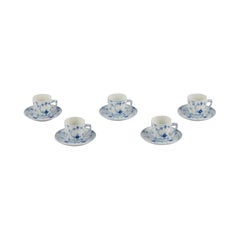 Antique Bing & Grøndahl Blue Fluted pattern. Five coffee cups with saucers.