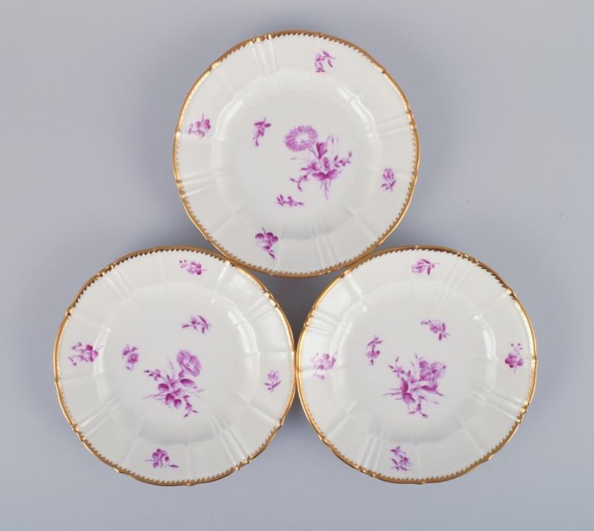 Bing & Grøndahl, Denmark. 
A set of twelve small plates with flower decorations in purple and gold trim. 
Hand-painted.
Approximately 1920s.
Marked.
In perfect condition. Appears unused.
First factory quality.
Measurements: Diameter 15.0 cm.