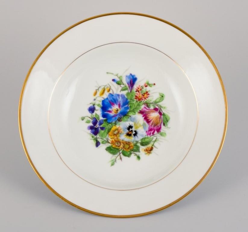 Hand-Painted Bing & Grøndahl, eight deep plates in porcelain hand-painted with flowers For Sale