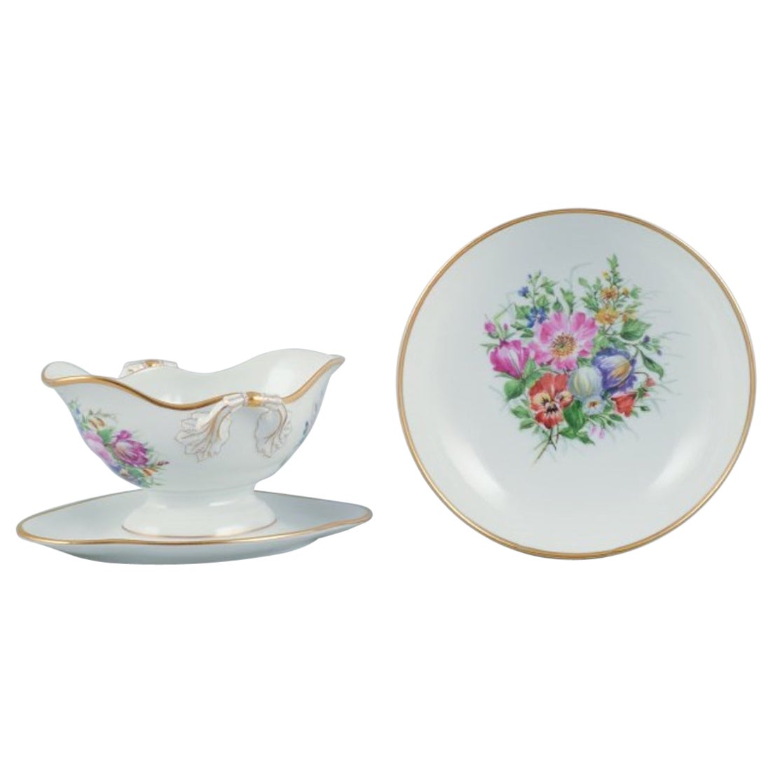 Bing & Grøndahl, saucière et bol peints à la main et décorés de fleurs