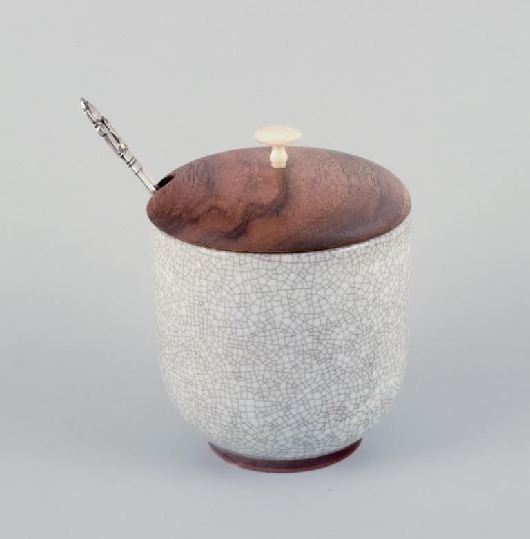 Danish Bing & Grøndahl, jam jar in porcelain with  wooden lid and a Georg Jensen spoon