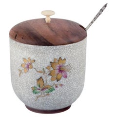 Vintage Bing & Grøndahl, jam jar in porcelain with  wooden lid and a Georg Jensen spoon