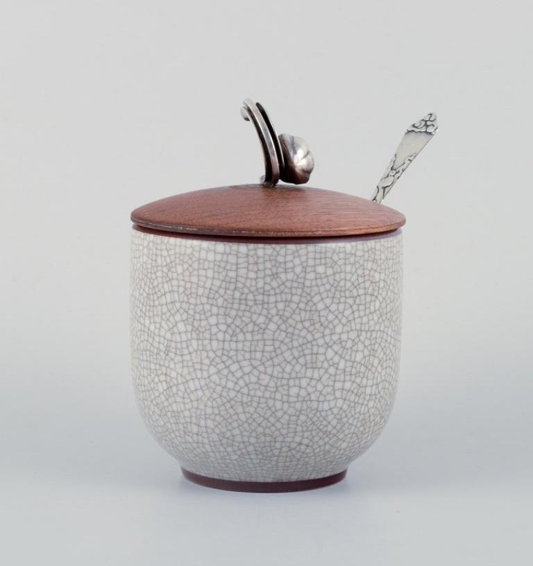 Danish Bing & Grøndahl, marmalade jar in porcelain with wooden lid and silver spoon For Sale