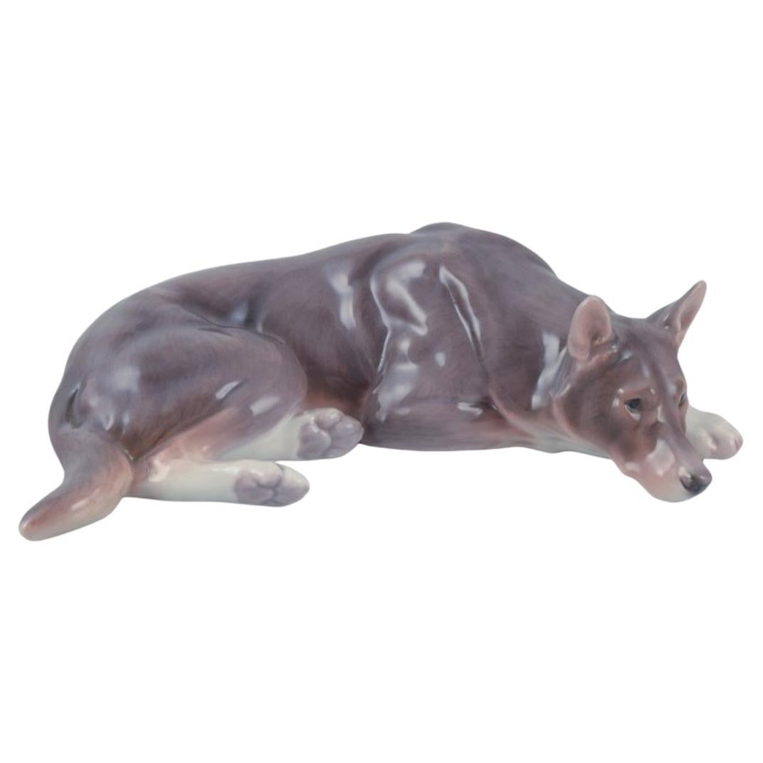 Bing & Grøndahl Porzellanfigur eines liegenden Deutschen Schäferhundes. 