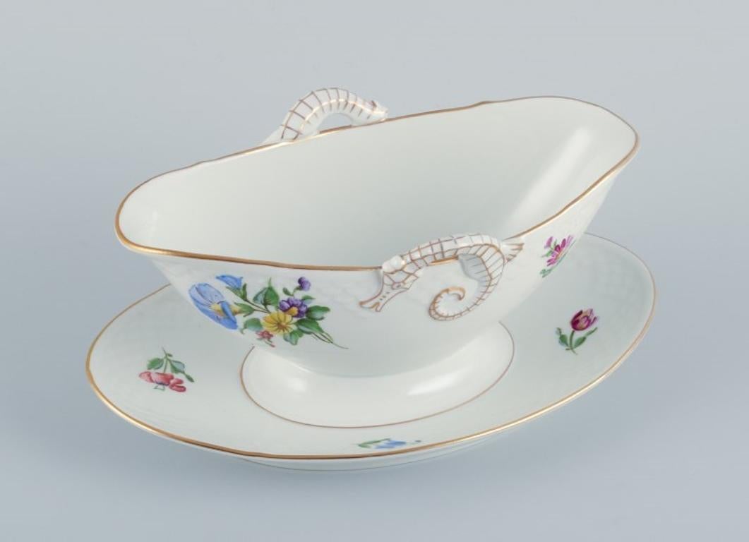 Hand-Painted Bing & Grøndahl, Saxon Flower, hand-painted sauce boat with handles. For Sale