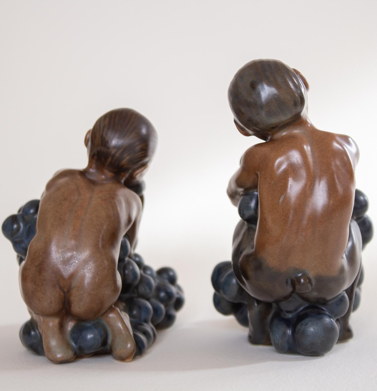 Art Deco Bing & Grøndahl, Stoneware Figurines, Bacchus and Boy with Grapes by Kai Nielsen For Sale
