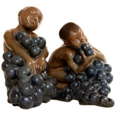 Antique Bing & Grøndahl, Stoneware Figurines, Bacchus and Boy with Grapes by Kai Nielsen