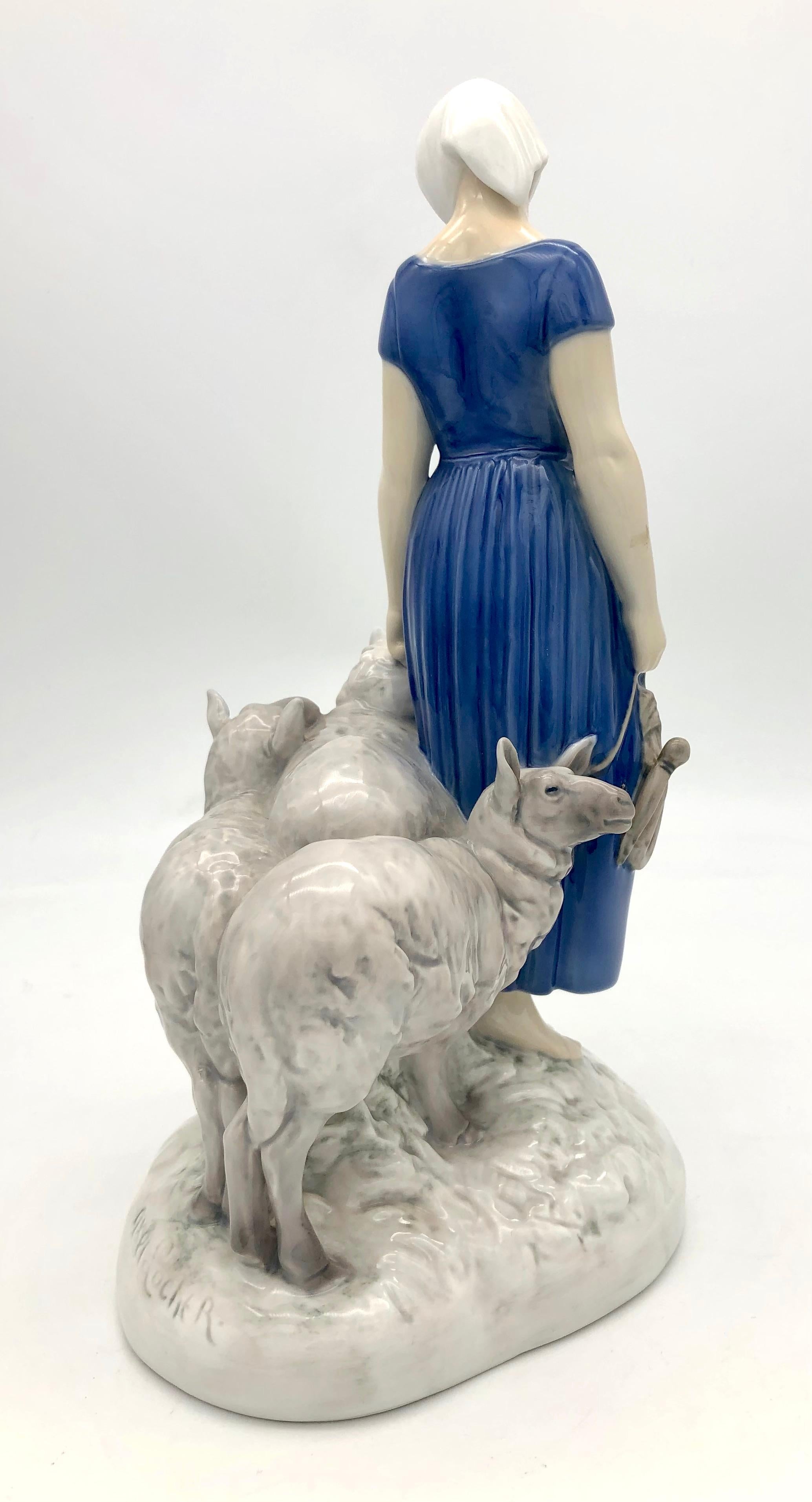 Danish Bing & Grøndahl Kopenhagen Axel Locker Porcelain Sculpture Young Sheperdess    For Sale
