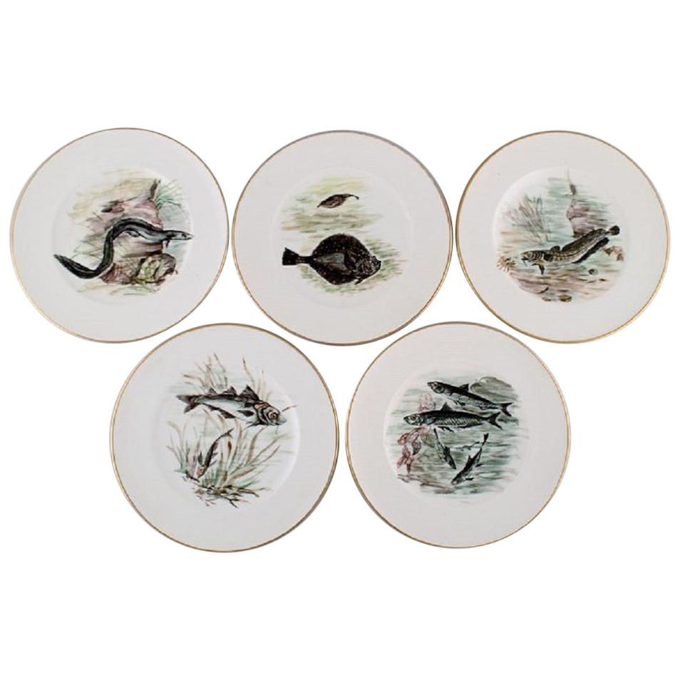 Bing & Grondahl / B&G, Five Plates in Hand Painted Porcelain with Fish Motifs