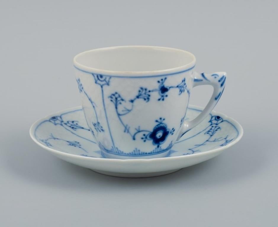 Bing & Grondahl, Denmark, Blue Fluted plain. 
Three pairs of coffee cups with saucers.
Mid-20th century.
Model 305.
In perfect condition.
First factory quality.
Marked.
Cup: H 6.3 x D 7.6 cm.