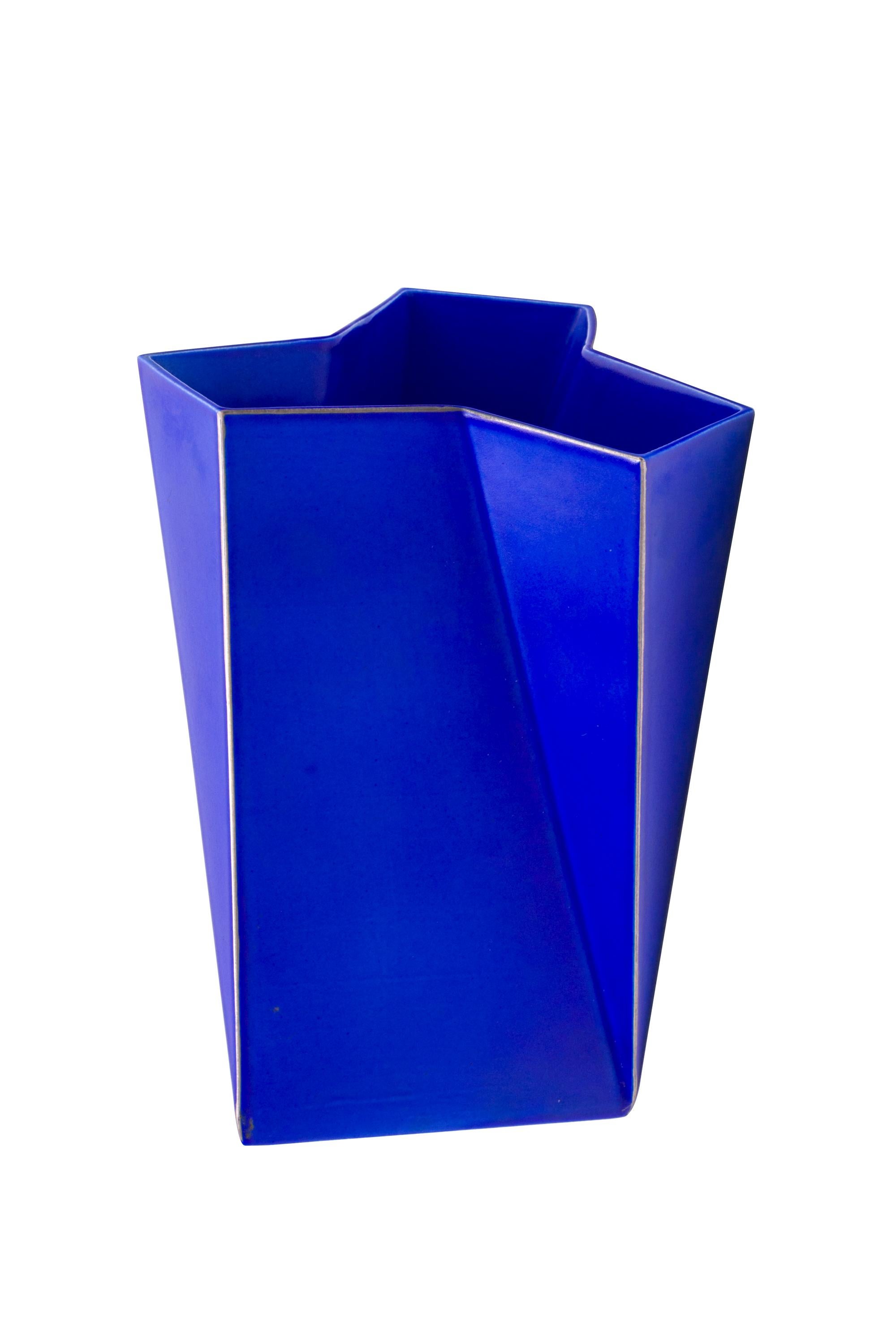 Scandinavian Modern Bing & Grondahl Geometric Blue Porcelain Futura Vase by Else Kamp, Denmark 1980s
