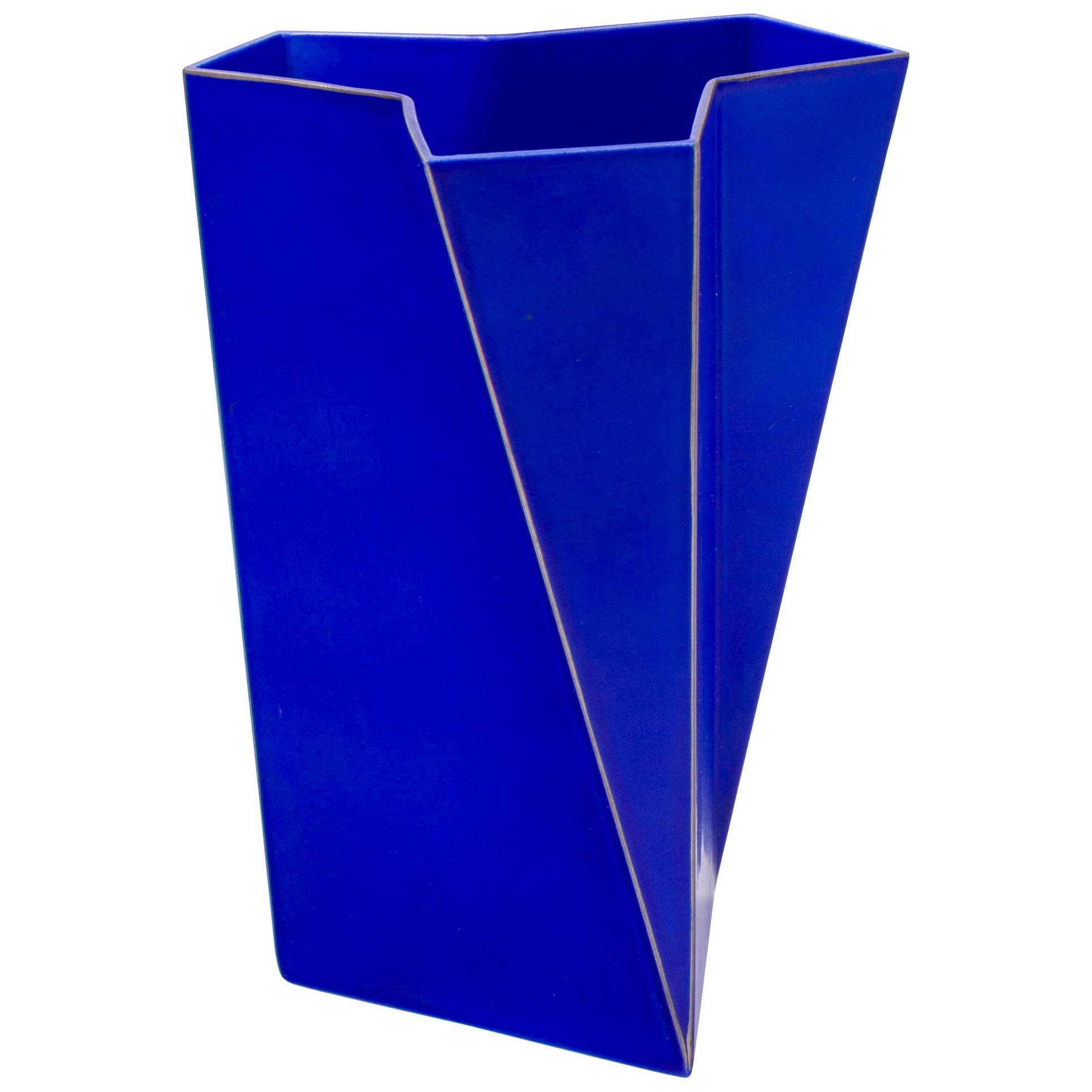 Bing & Grondahl Geometric Blue Porcelain Futura Vase by Else Kamp, Denmark 1980s