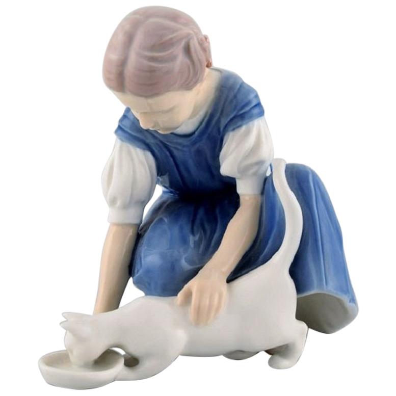 Bing & Grondahl Porcelain Figure, Girl with a Cat, 1920s-1930s