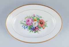 Bing & Grondahl, two oval platters with flower motifs and gold rim