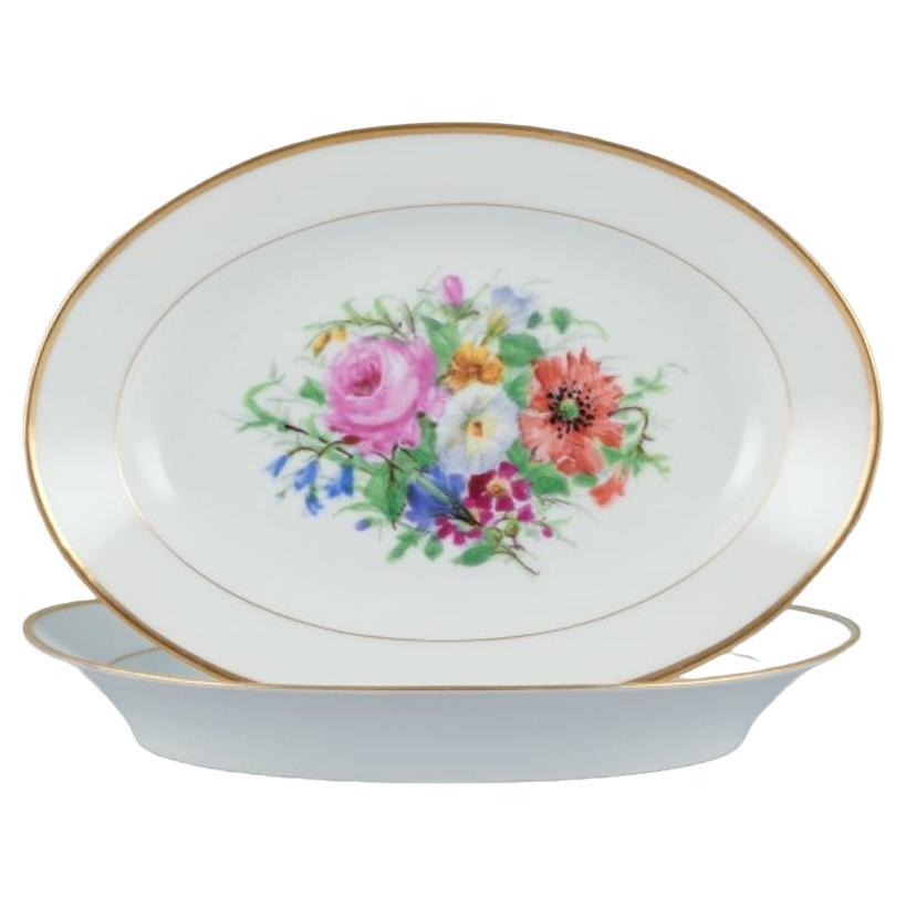 Bing & Grondahl, two oval platters with flower motifs and gold rim For Sale