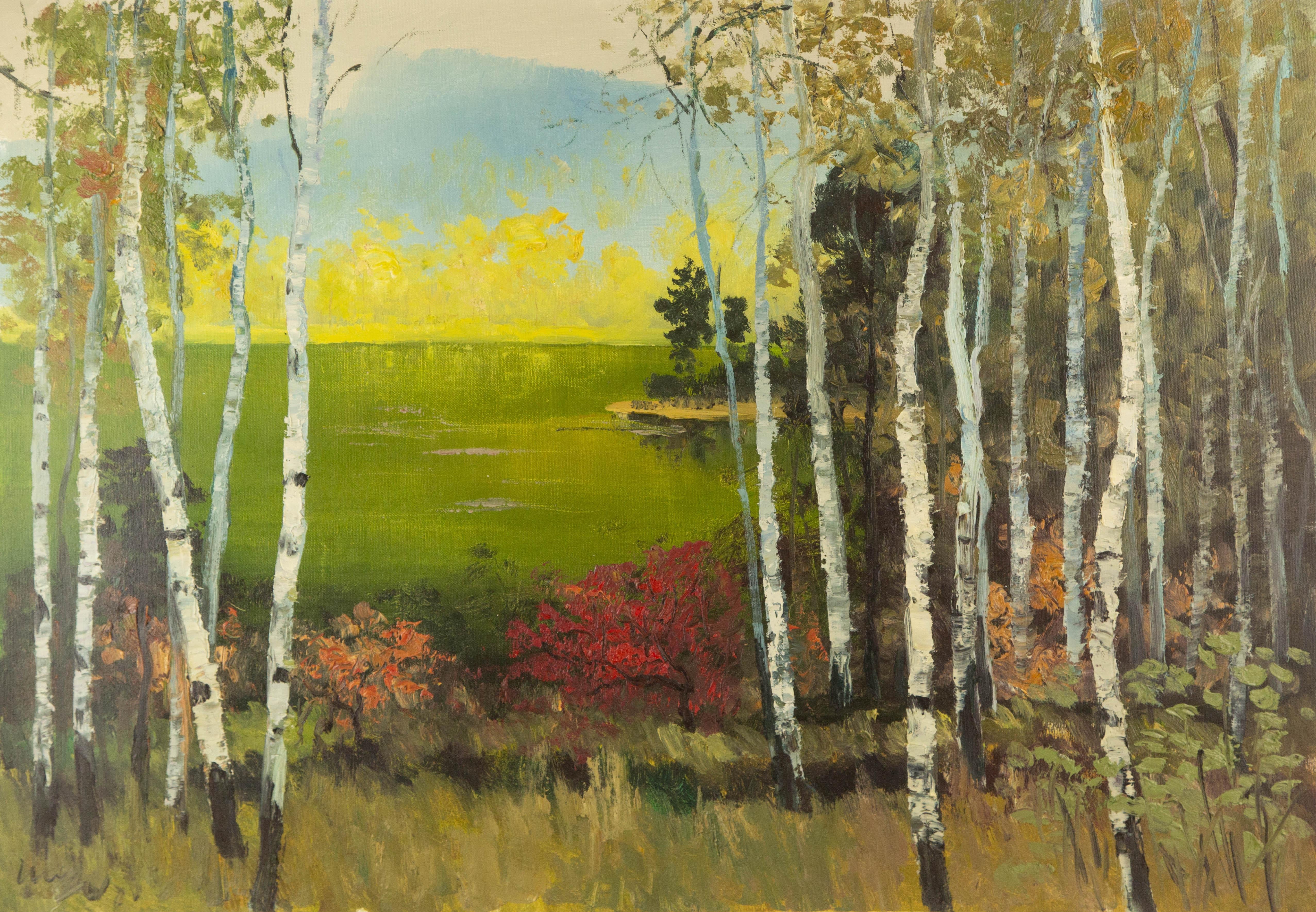 Binhua Cao Landscape Original Oil On Canvas "Birch Forest"