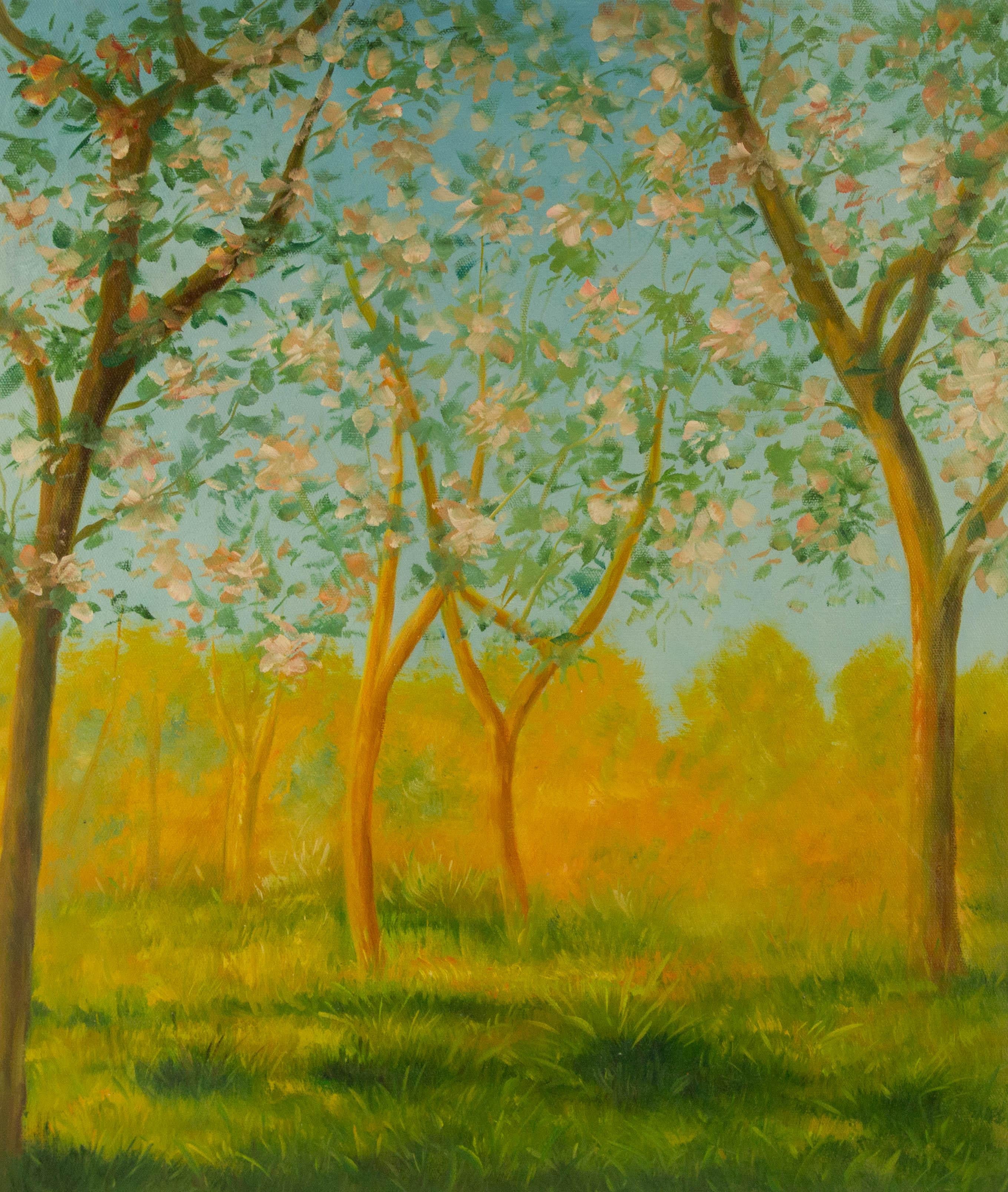Binhua Cao Landscape Original Oil On Canvas "Blooming Season" (Paysage original à l'huile sur toile)