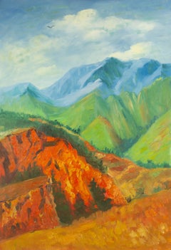 Binhua Cao Landscape Original Oil On Canvas "Red & Green Mountains"