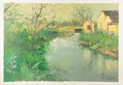 Binhua Cao Paesaggio acquatico originale Olio su tela "Cottage sul fiume"