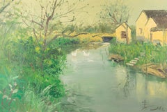 Binhua Cao Paesaggio acquatico originale Olio su tela "Cottage sul fiume"