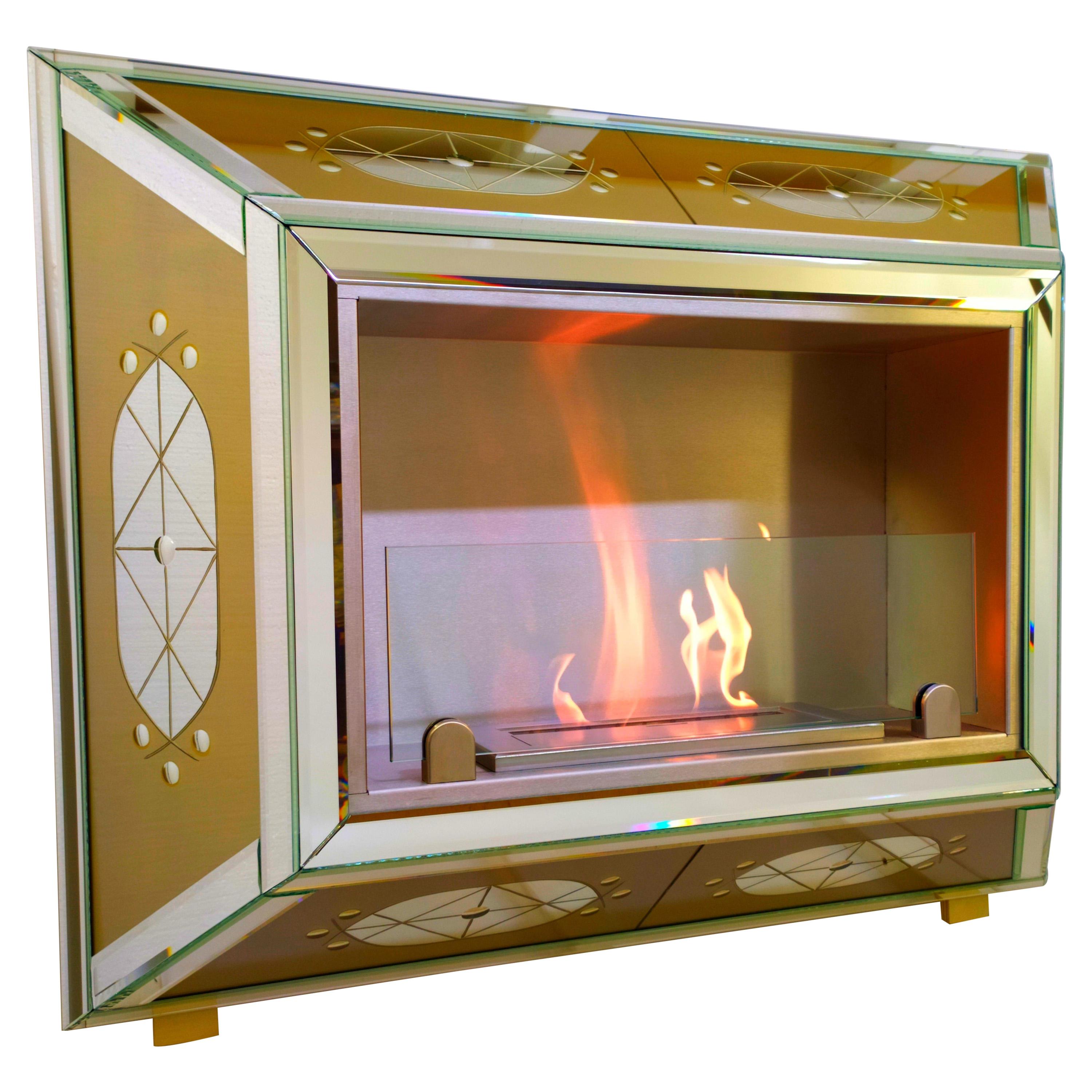 Bioethanol Fireplace in Gilded Murano Glass Mirror, Produced by Fratelli Tosi For Sale